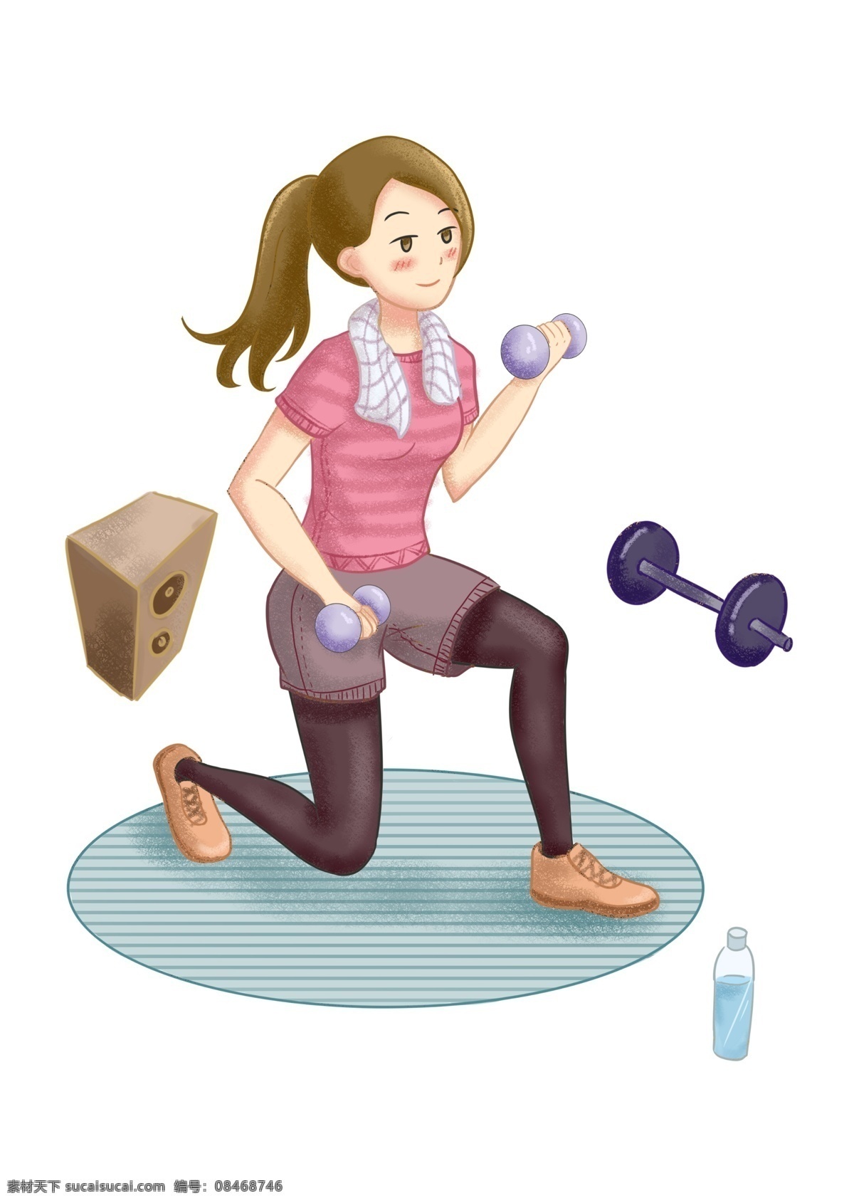 杠铃 运动 女孩 插画 紫色的杠铃 健身女孩 锻炼身体 黑色杠铃 矿泉水装饰