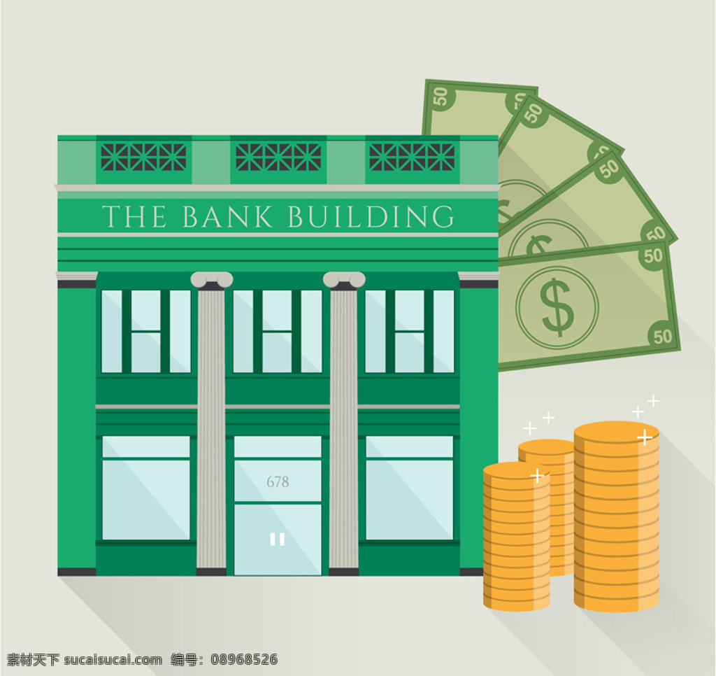 银行 建筑 货币 矢量 金融 美元 金币 矢量图 绿色