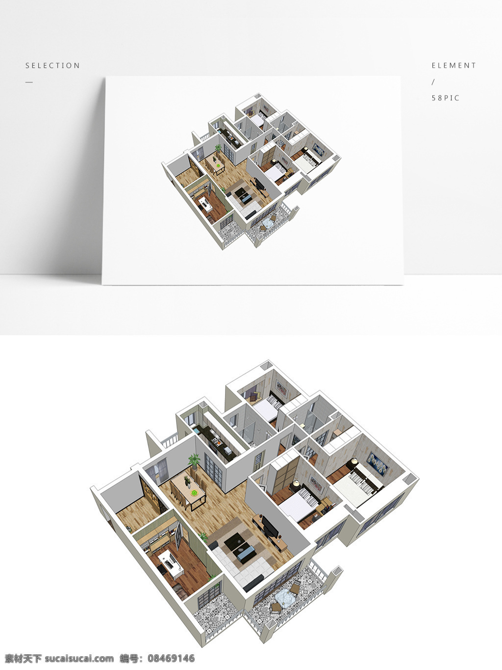 三房 户型 住宅设计 su 模型 室内空间设计 住宅室内设计 样板房 透视 3d模型 su模型 草图大师模型 家具模型