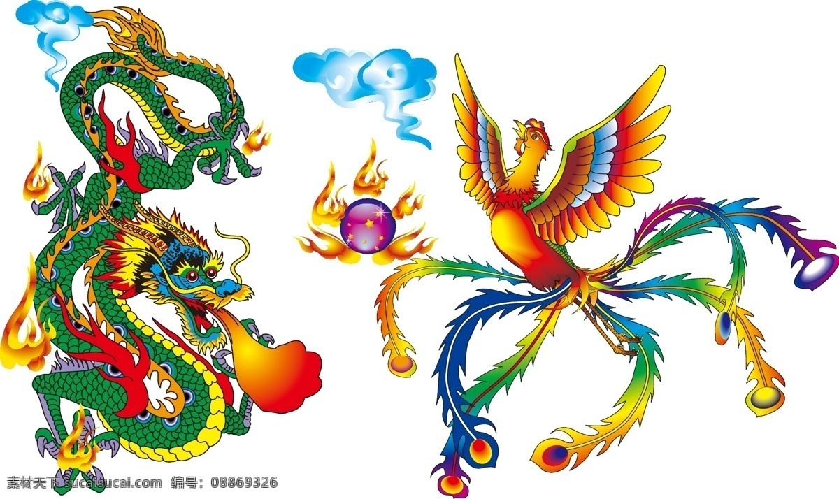 矢量龙凤传奇 青龙 火凤飞舞 龙珠 炫云 高清矢量素材 喷火龙 炫彩凤凰