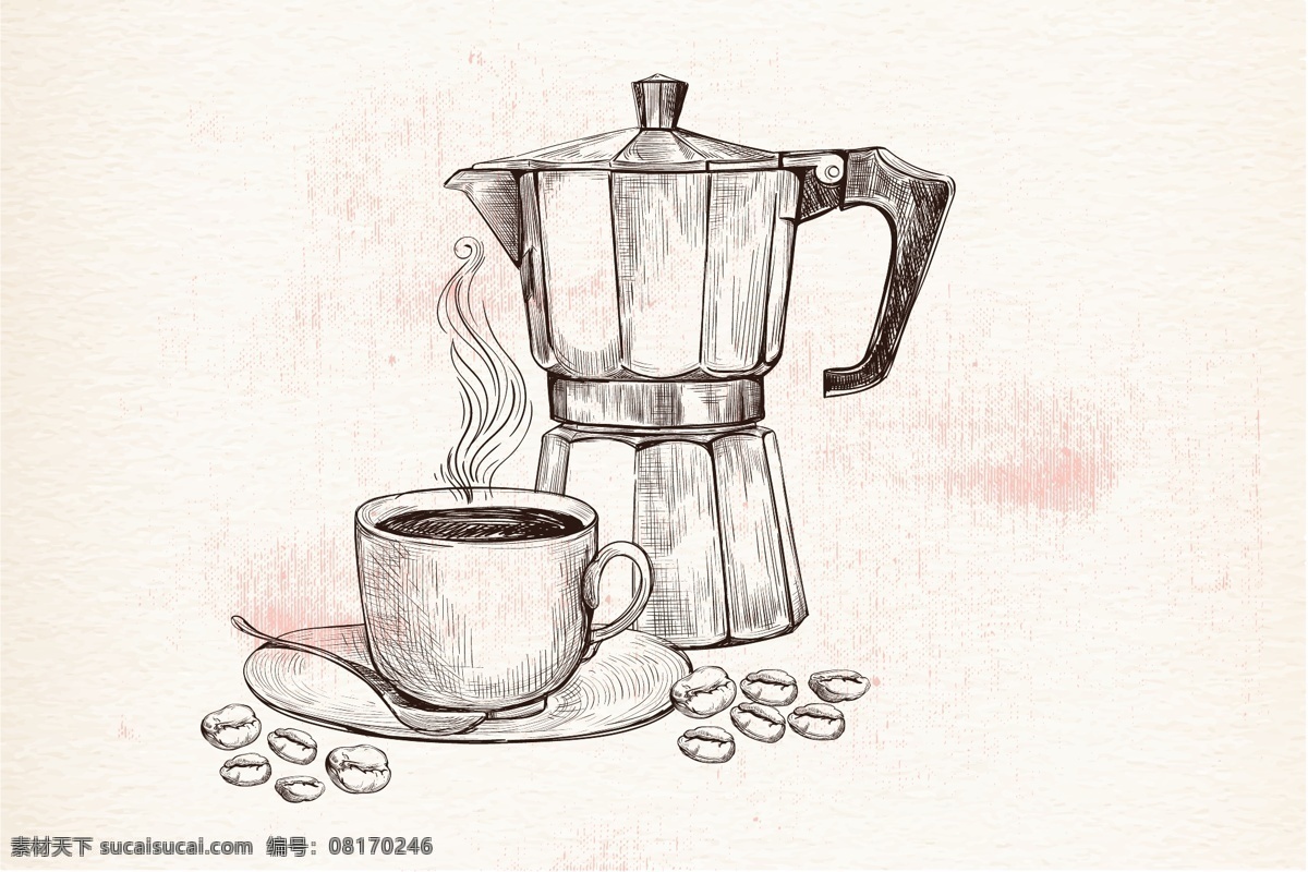 手绘 水壶 咖啡杯 插画 水杯 开水壶 咖啡 咖啡豆 卡通 背景 展板 背景墙 场景