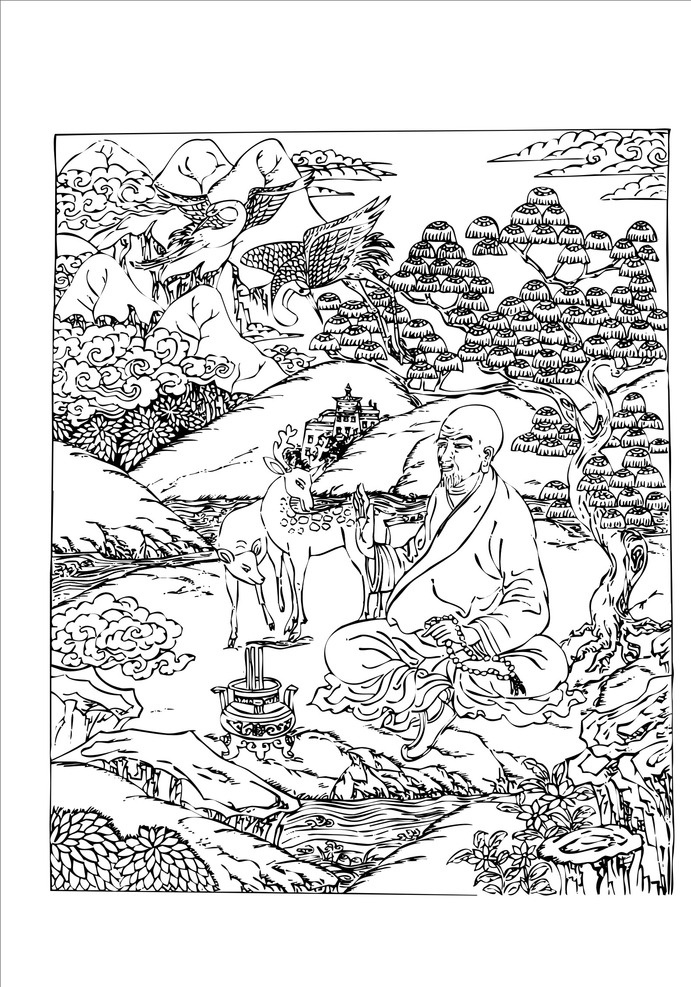 版画 装饰画 鹿 图案 黑白画 线描 抠图 底纹边框 条纹线条