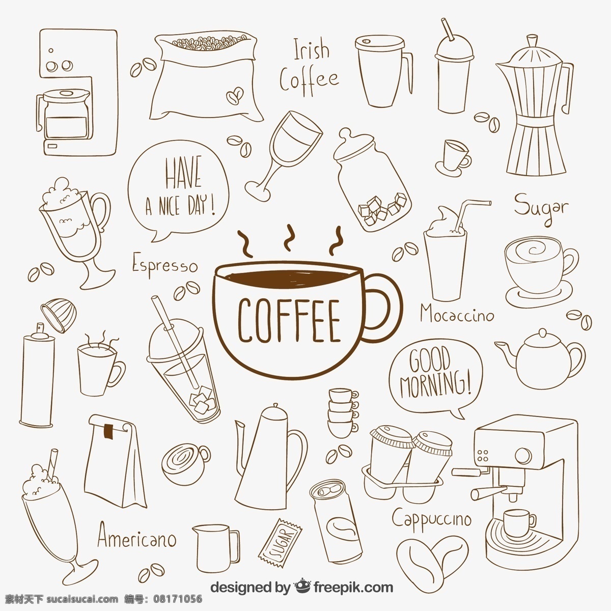 款 手绘 咖啡 元素 矢量 咖啡豆 咖啡杯 咖啡壶 咖啡机 卡布 奇诺 白色
