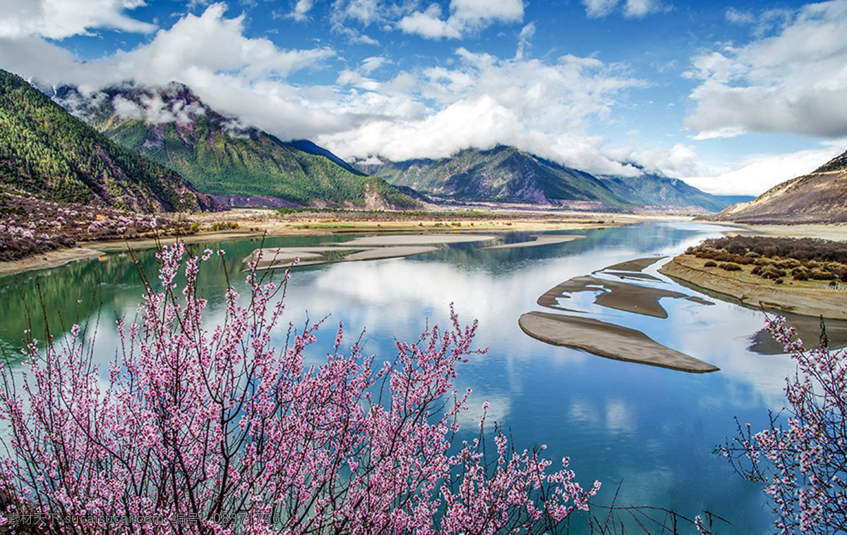 樱花 湖水 群山 蓝天 美景