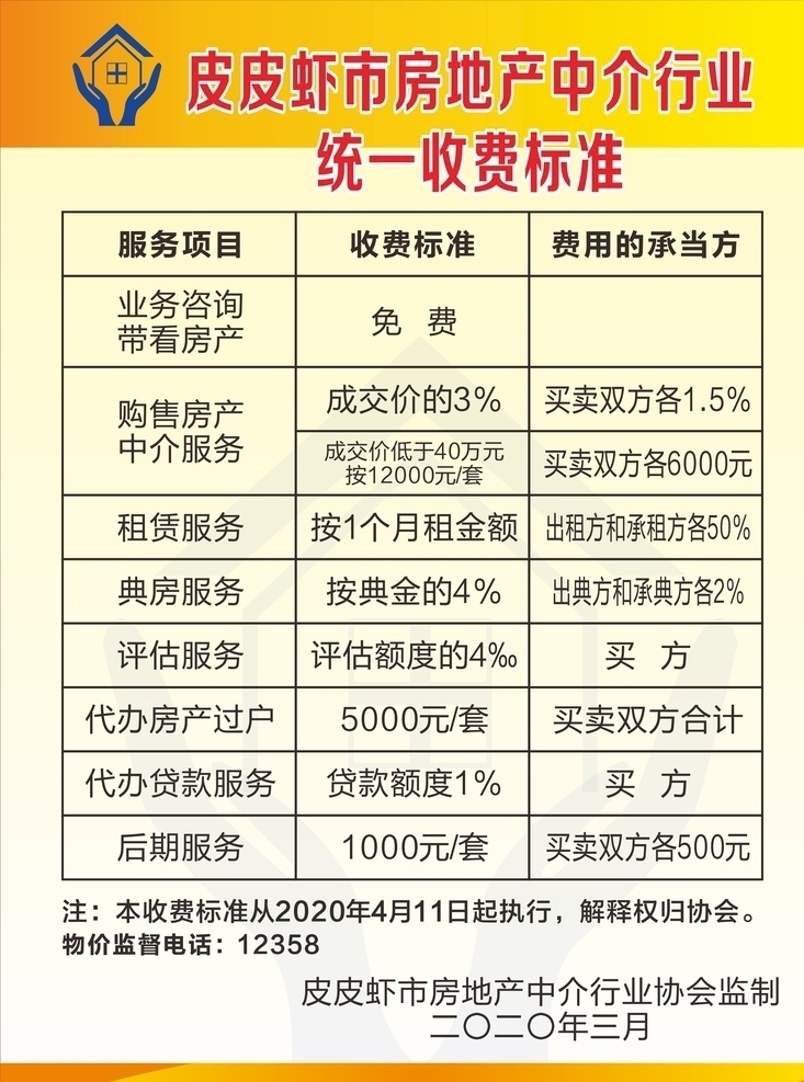 房地产 中介 行业 统一 收费标准 收费 价格表 指导价 房地产协会 展板 制度牌 户外广告 室内广告设计