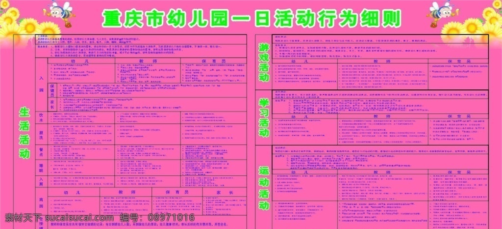 幼儿园 一日 活动 行为 细则 幼儿园展板 卡通蜜蜂 太阳花 矢量图 一日活动细则 蜜蜂采花蜜 展板模板 矢量