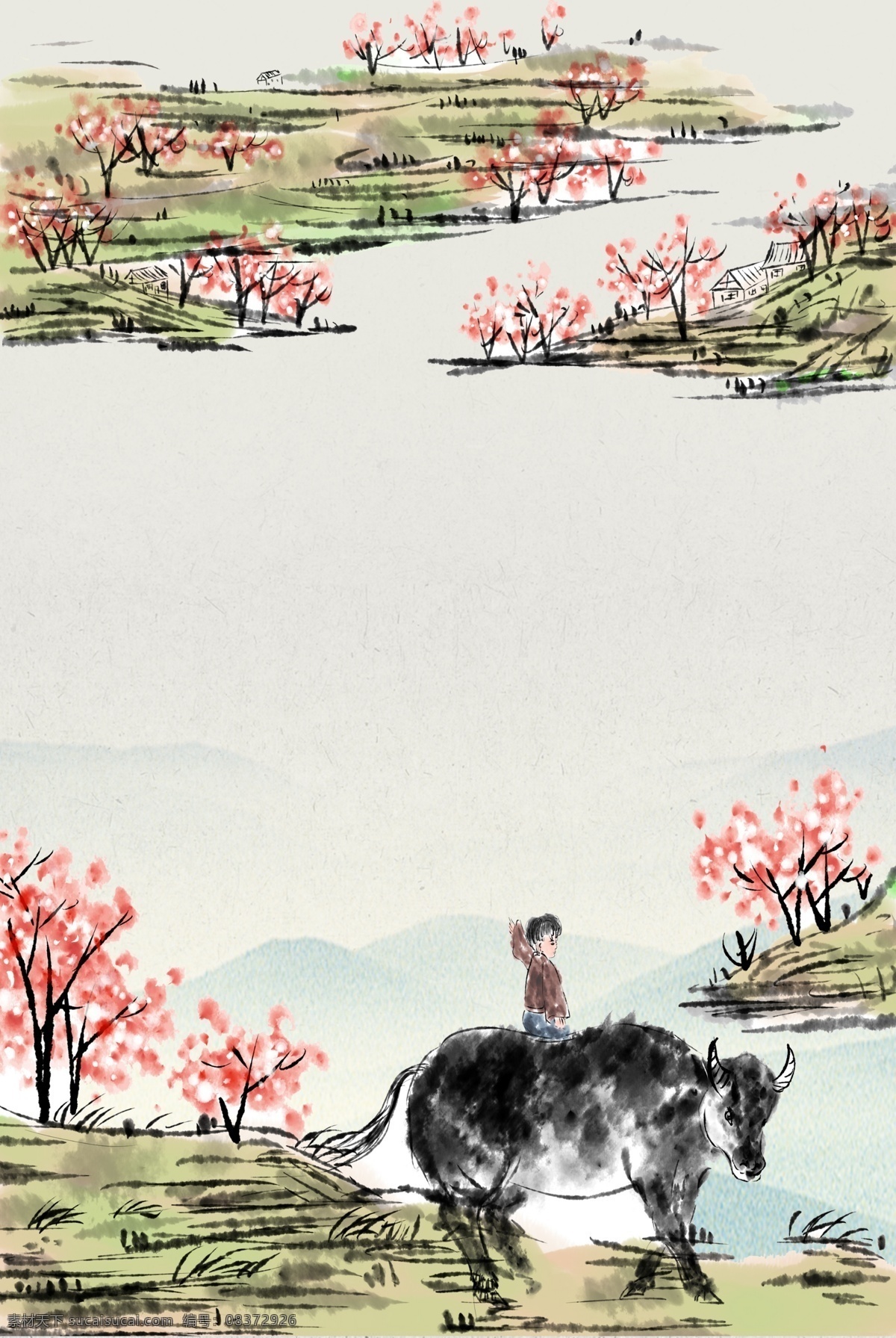 装饰 国画 桃花 水墨 黄牛 牧童 海报 背景 中国风 山水 水墨画 二十四节气 清明扫墓 水墨背景 国画背景