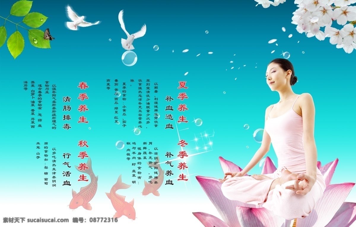 白鸽 广告设计模板 荷花 蝴蝶 金鱼 梅花 气泡 树叶 养生 宣传 展板 模板下载 养生宣传展板 瑜伽女人 展板模板 源文件 psd源文件
