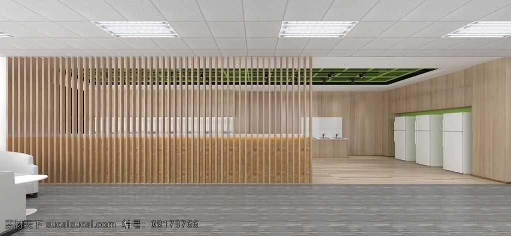 茶水间效果图 茶水间 格栅 木纹 现代 裸顶 办公室 3d设计 3d作品