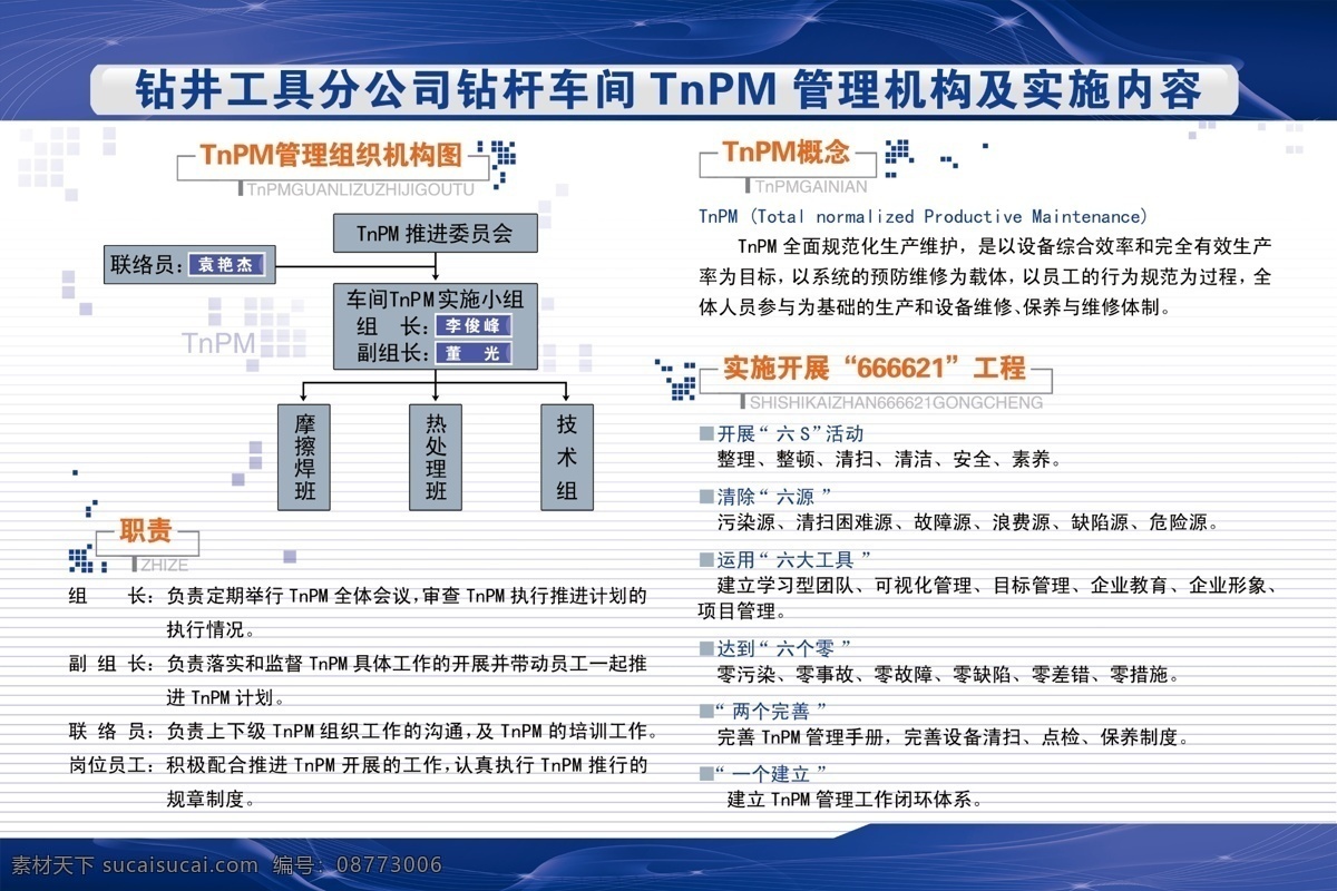 钻杆 车间 tnpm 管理机构 实施 内容 蓝色展板 企业文化 展板模板 广告设计模板 源文件