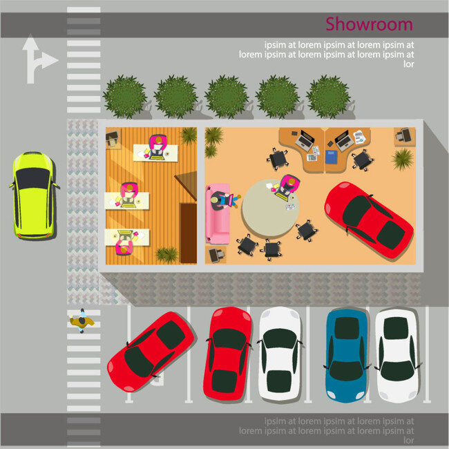 扁平化 汽车 4s 店 矢量素材 卡通人物 矢量人物 插画 卡通插画 商业插画 4s店 红色汽车 汽车站