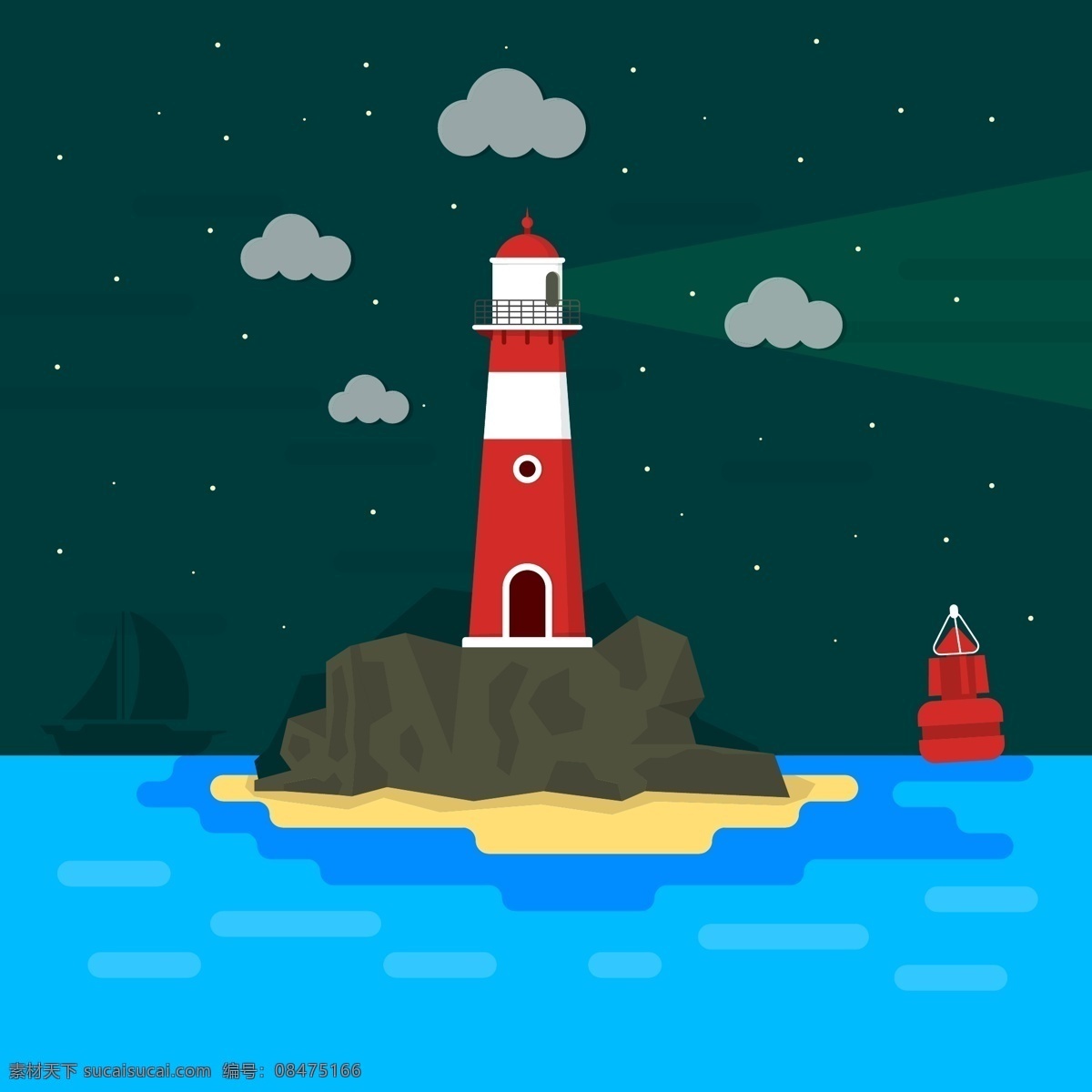 卡通 大海 中 红色 灯塔 帆船 船 云朵 海浪 夜晚 星星 礁石 航海 动漫动画 风景漫画