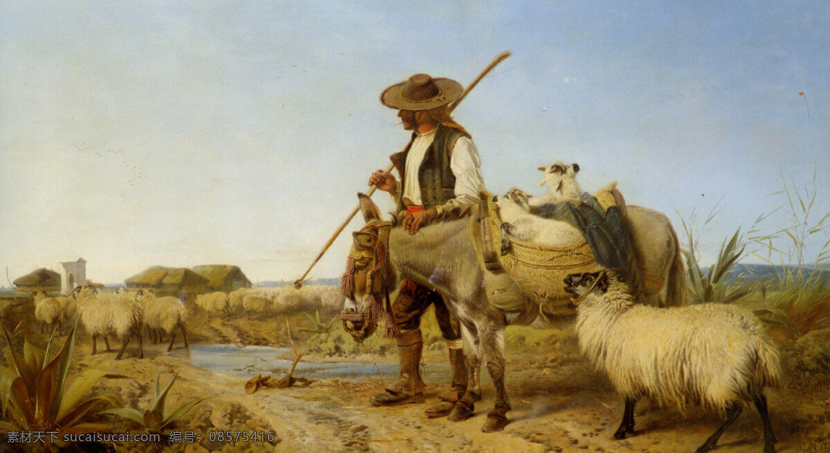 牧羊人 风景 小河 羊 世界名画 西洋油画 绘画书法 文化艺术 油画