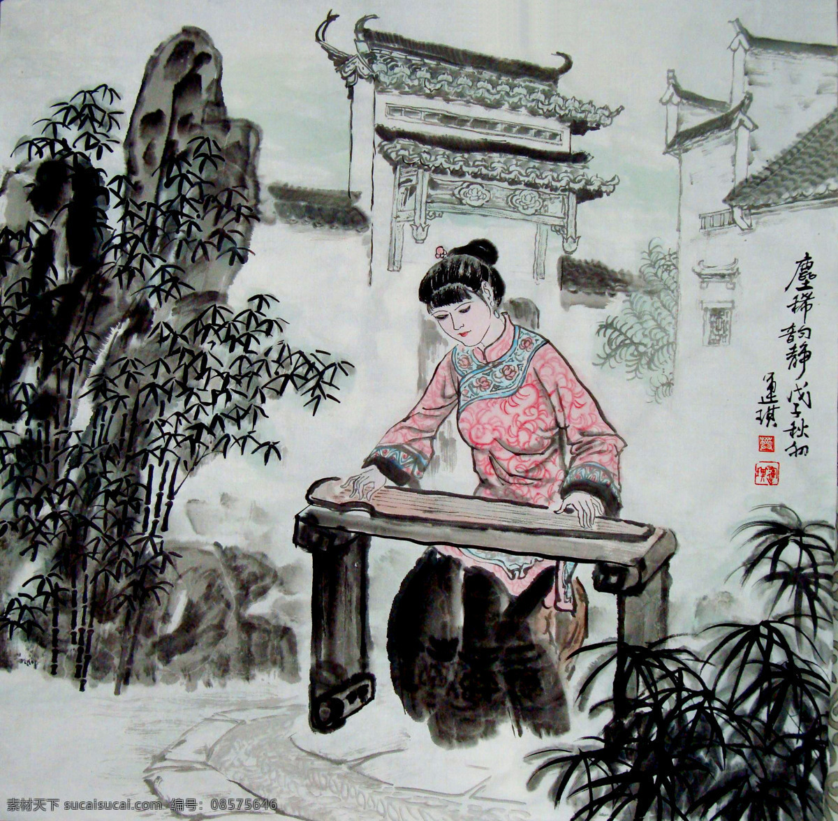 表情 彩墨画 弹琴 动作 房屋 工笔画 姑娘 国画艺术 尘稀韵静 美术 绘画 中国画 人物画 女人 女子 丽人 姿势 庭院 竹子 太湖石 书法 印章 国画集48 绘画书法 文化艺术 装饰素材 雕刻 图案