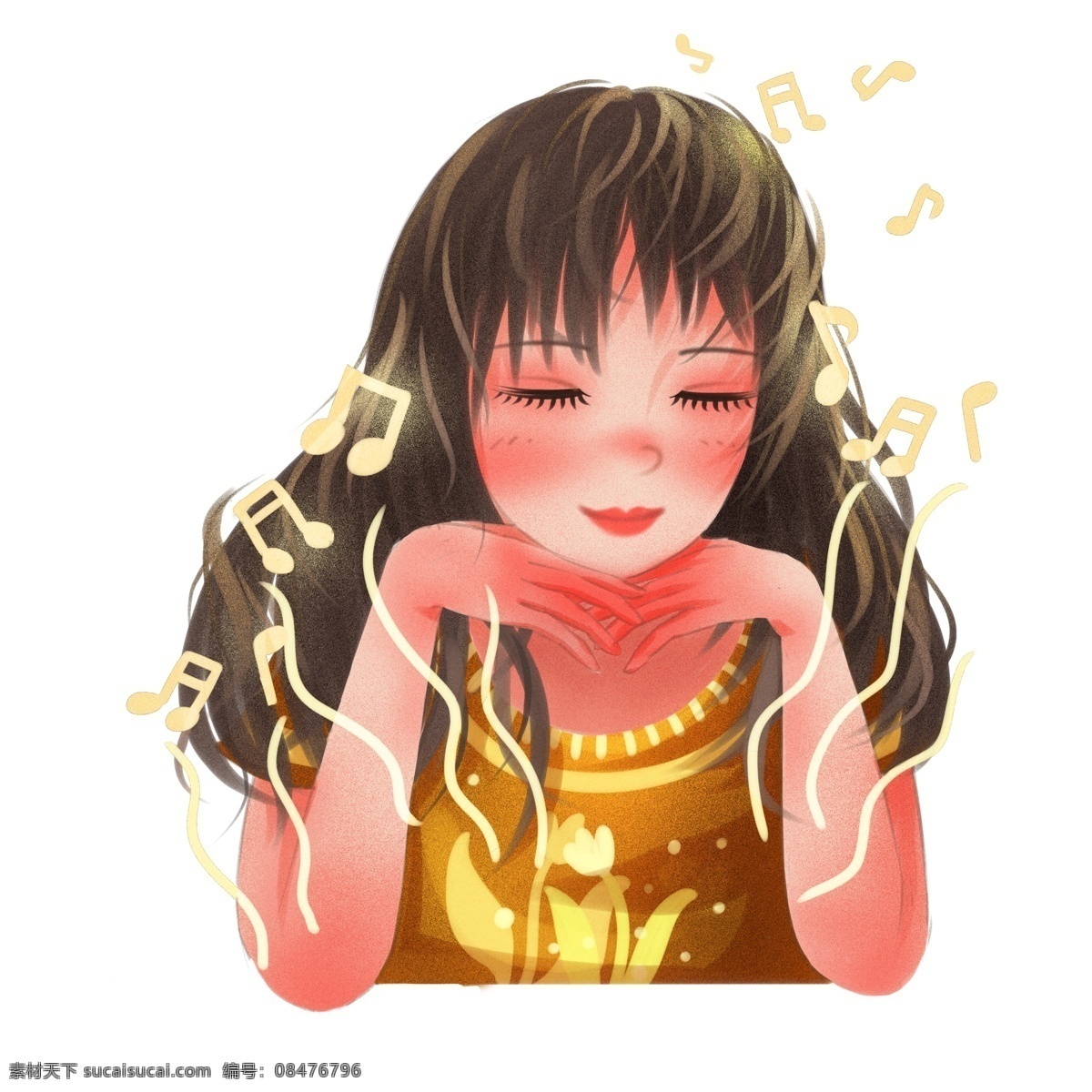 手绘 听 音乐 少女 人物 插画 创意 听音乐 女孩 女生 音符