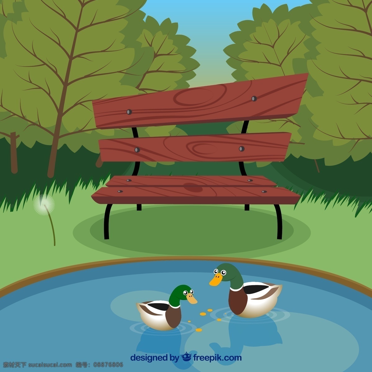 公园 里 板凳 鸭子 湖里 自然 树木 鸭 湖 青色 天蓝色
