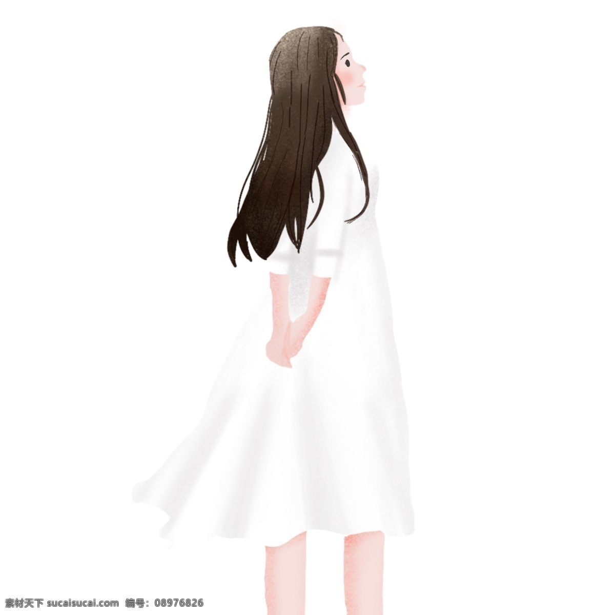 清新 手绘 穿 白 裙 少女 卡通 女孩 白裙 文艺 女生 背影 插画