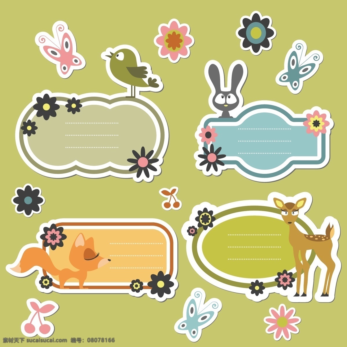 彩色对话框 动物 花朵 蝴蝶 小鸟 鹿 兔子 圆形框 对话框 文字边框 装饰 绿色