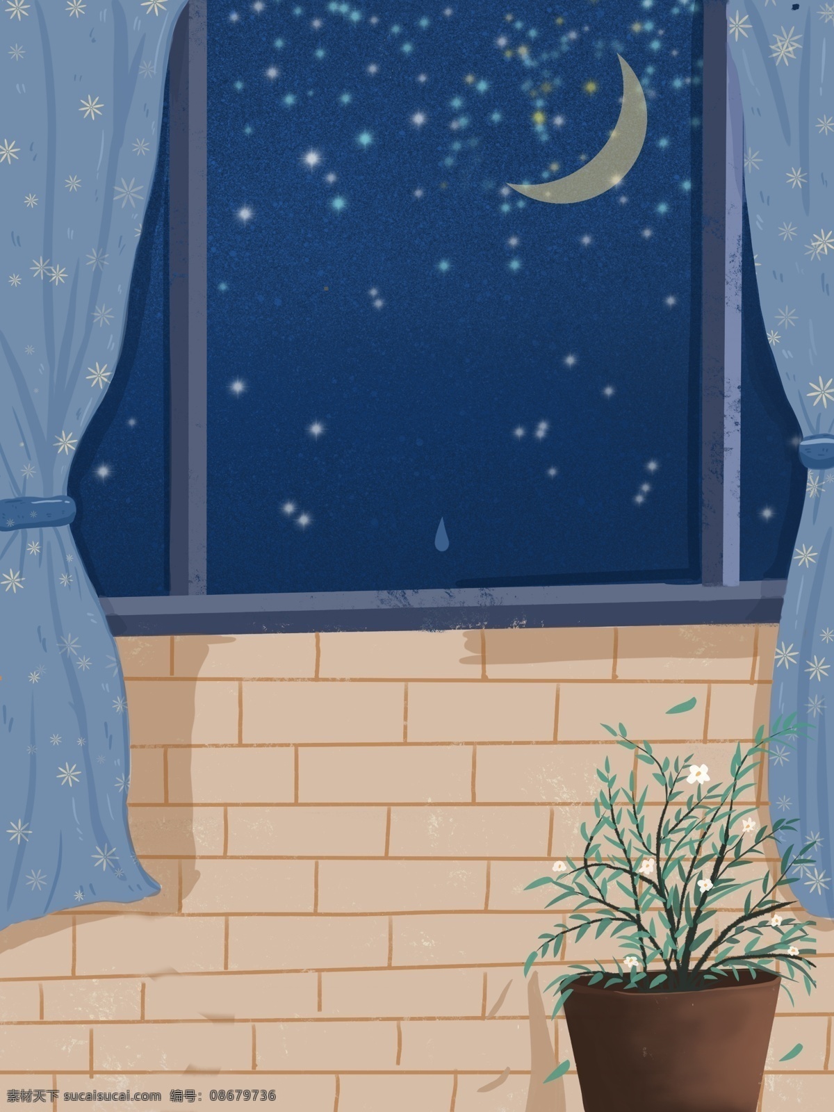 夜晚 卡通 卧室 居家 插画 背景 月亮 星星 浪漫夜晚 温馨背景 室内插画 居家生活插画 生活插画背景