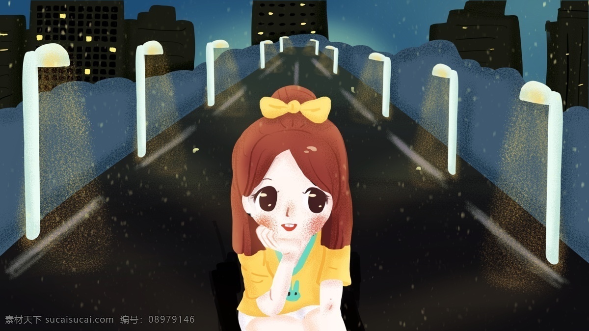 晚安 你好 女孩 插图 夜晚 灯光 安静 可爱女孩 手机配图 日签 娴静 淑女 萌妹子