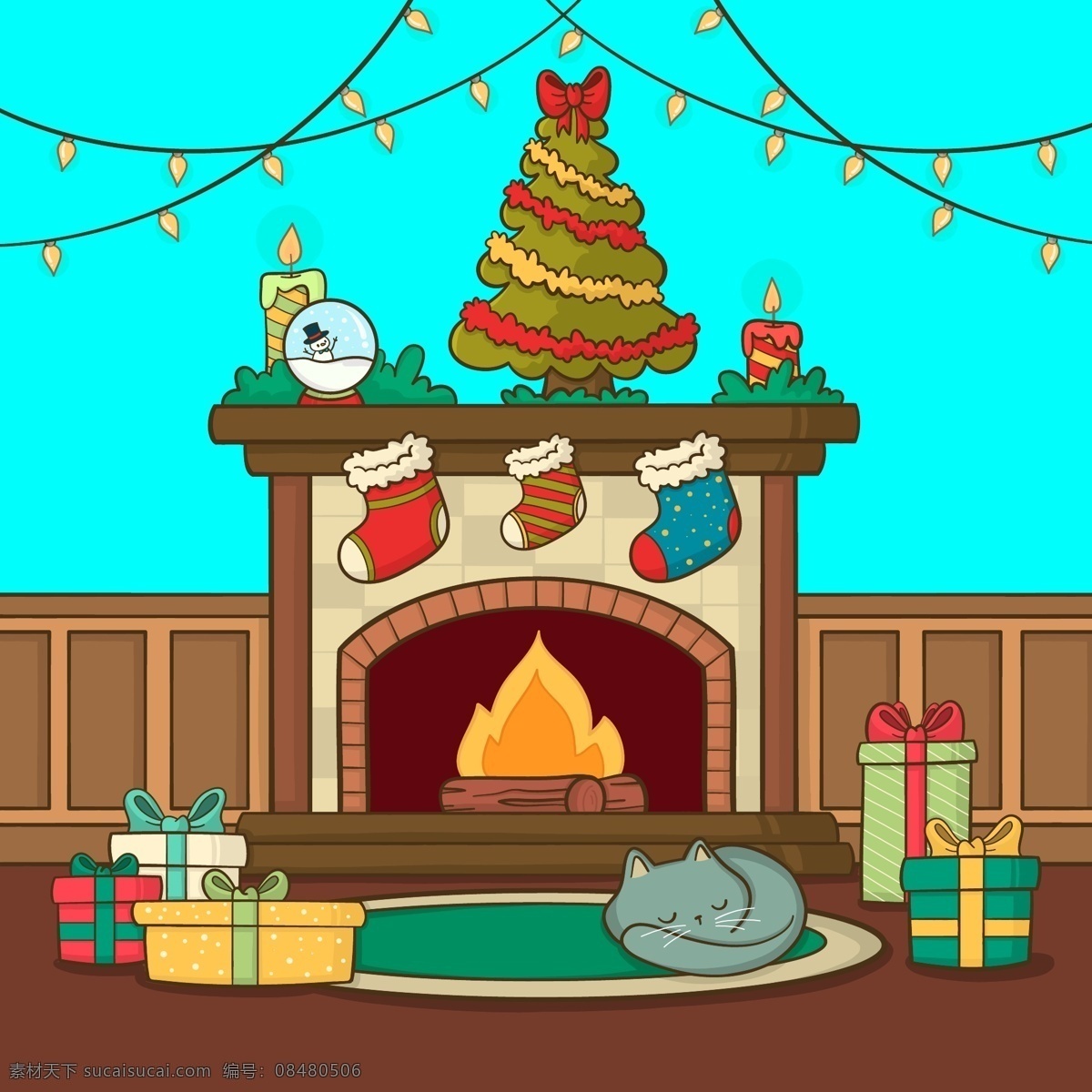 圣诞 壁炉 场景 背景 圣诞节 节日 猫 礼物 圣诞树 过节 庆祝 狂欢 西方节日 假期 扁平 矢量 卡通