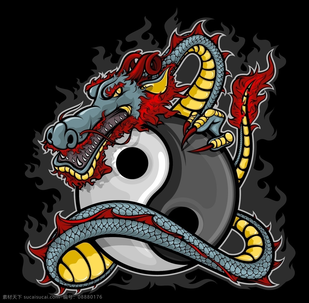 中国龙 神物 神话 传说 巨龙 太极图案 龙腾 猛兽 飞龙 龙纹 龙图腾 龙纹身 吉祥 图腾 花纹 花边 边框 相框 古典 传统 底纹 纹样 样式 背景 传统文化 文化艺术 矢量