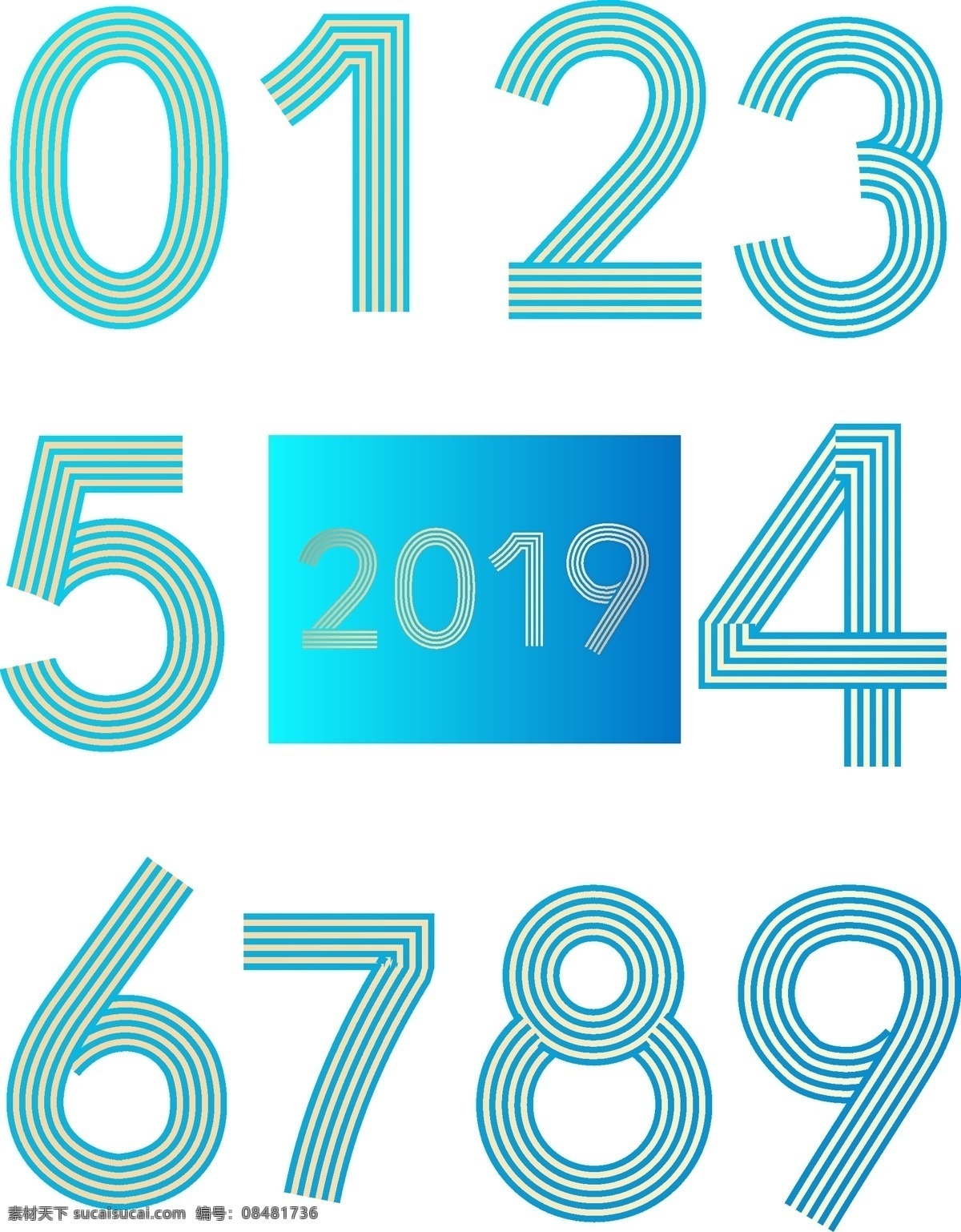 2019 年 蓝 金 高端 线条 丝带 数字 蓝金