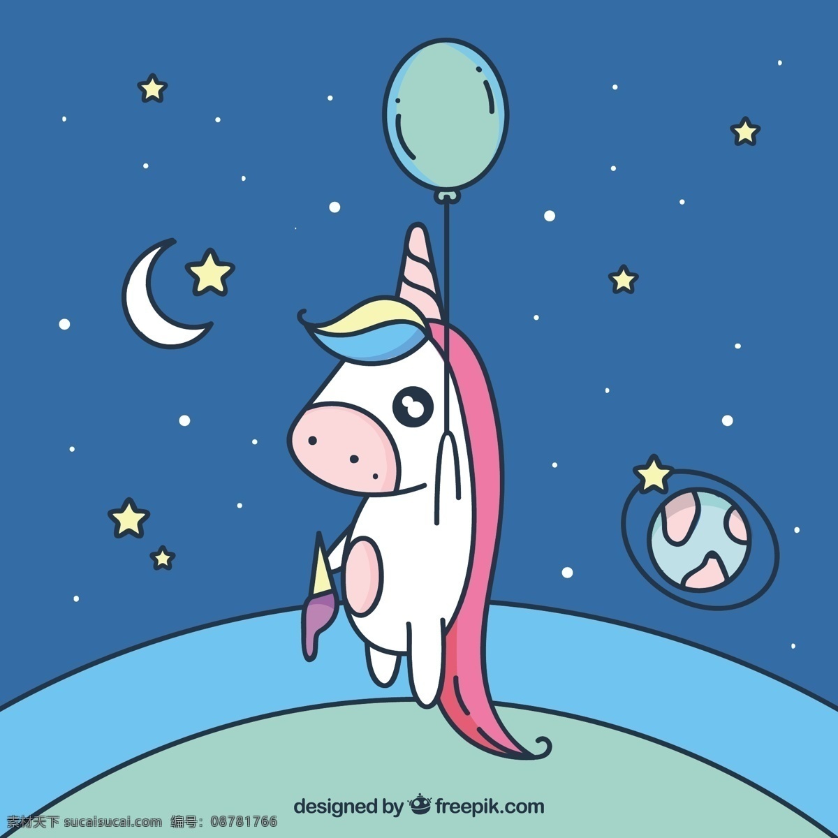 有趣 独角 兽用 气球 飞行 手 动物 天空 手绘 可爱 空间 快乐 月亮 星星 七彩 马 夜 画 魔术 行星 麒麟 仙女