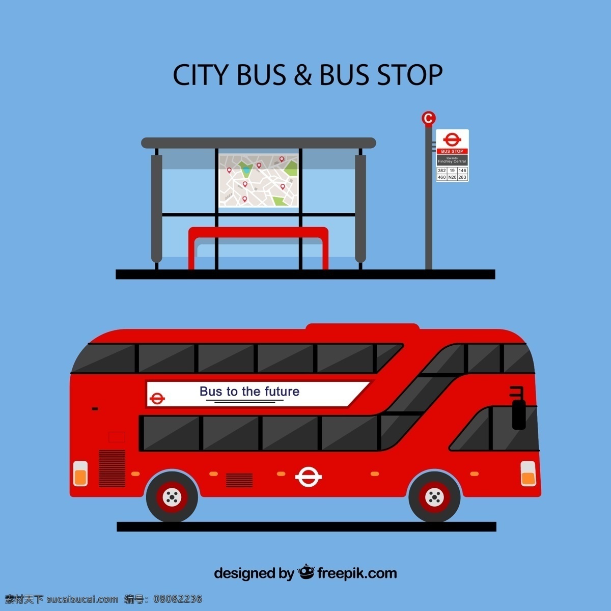 公交车 候车亭 红色 双层巴士 线路图 站点 源文件 矢量 高清图片
