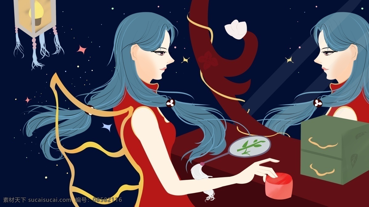 旗袍女人 旗袍 女子 扇子 镜子 插画 明国 美艳 梳妆