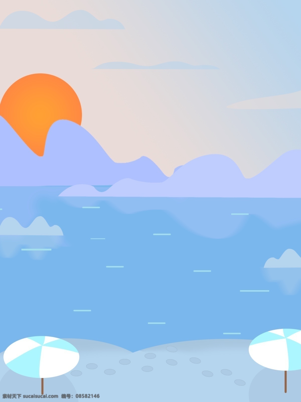浅色 晴天 日出 背景 太阳 云 水 太阳伞 脚印