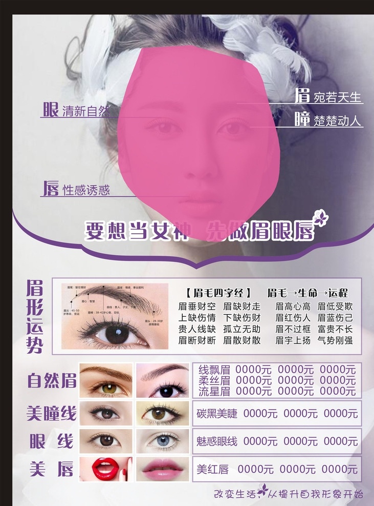 纹绣眉眼唇 眉眼唇 眉形运势 美容院展板 自然眉 美瞳线 眼线 美唇 纹绣 眉毛四字经 展板模板