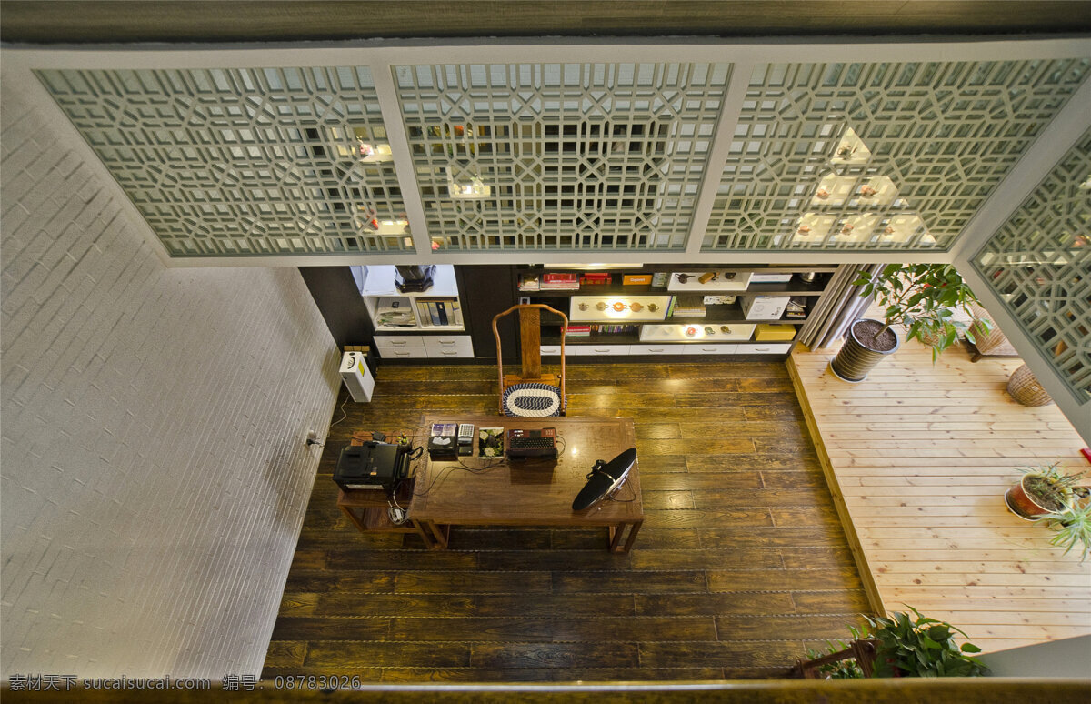 文雅 简约 客厅 装修 效果图 复古风 镂空天花板 绿植 木地板 木制书桌 文雅风
