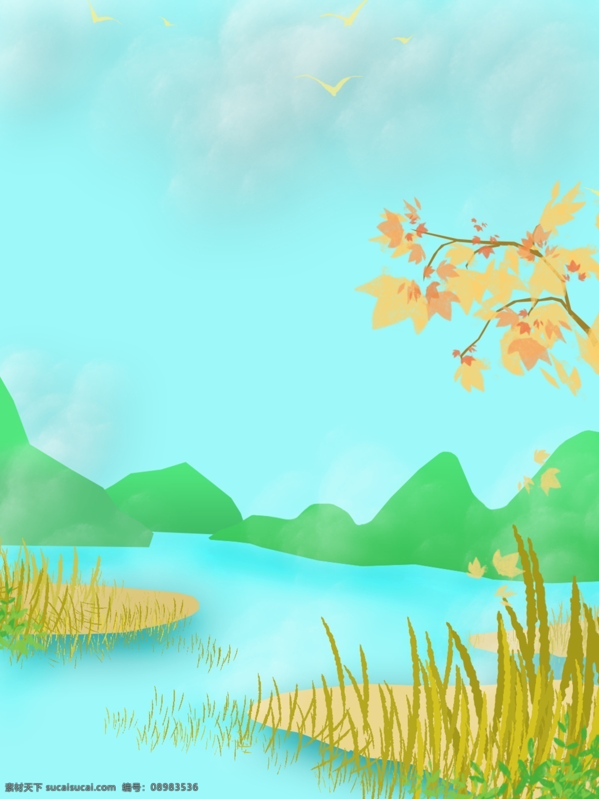 小 清新 白露 原创 矢量 插画 背景 小清新 蓝色 黄色 枫叶 插画背景 荒草 节气 24节气