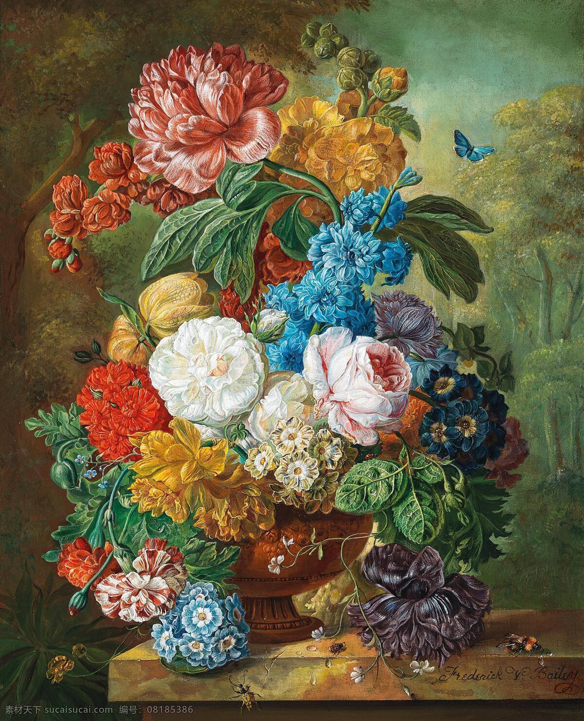 弗雷德 里克维 克多贝利作品 英国画家 永恒之美 静物鲜花 蝴蝶与黄峰 混搭鲜花 19世纪油画 油画 文化艺术 绘画书法