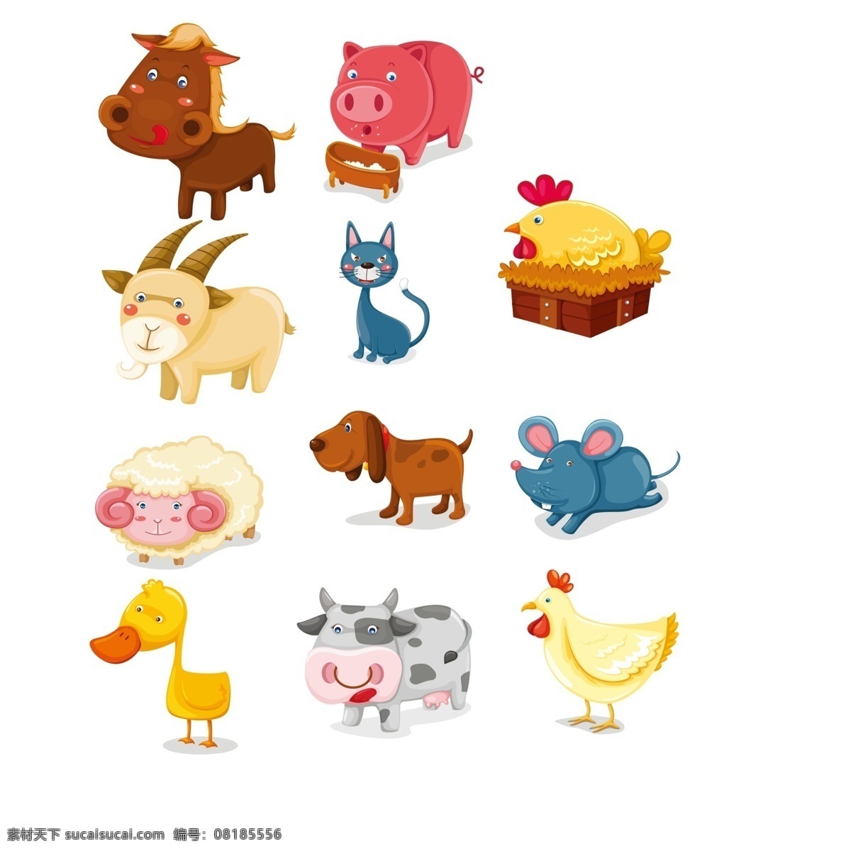 可爱卡通动物 ps素材 鸡 牛 鸭 鼠 狗 羊 猫 猪 动物 广告设计模板 源文件
