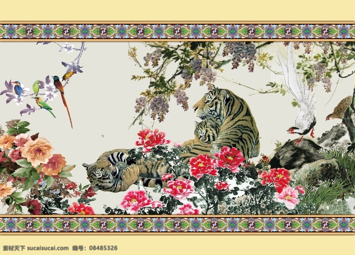 国画 老虎 牡丹 山 石 花 鸟 树 古典风格 传统文化 动物 飞禽 古典边框 分层 源文件