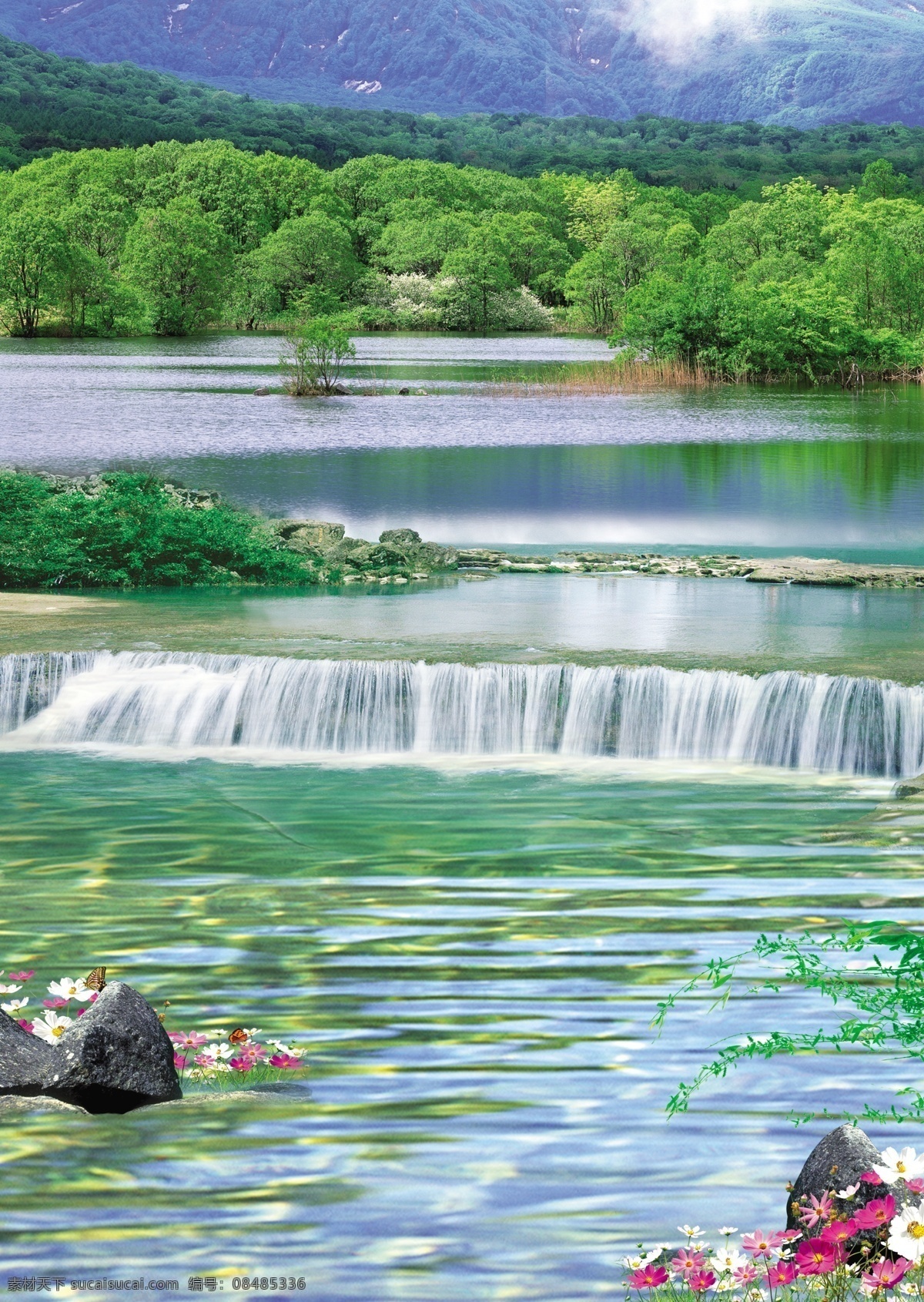 山水画 树丛 河流 花 石头 倒影 大山 云彩 蓝天 树木 分层 源文件