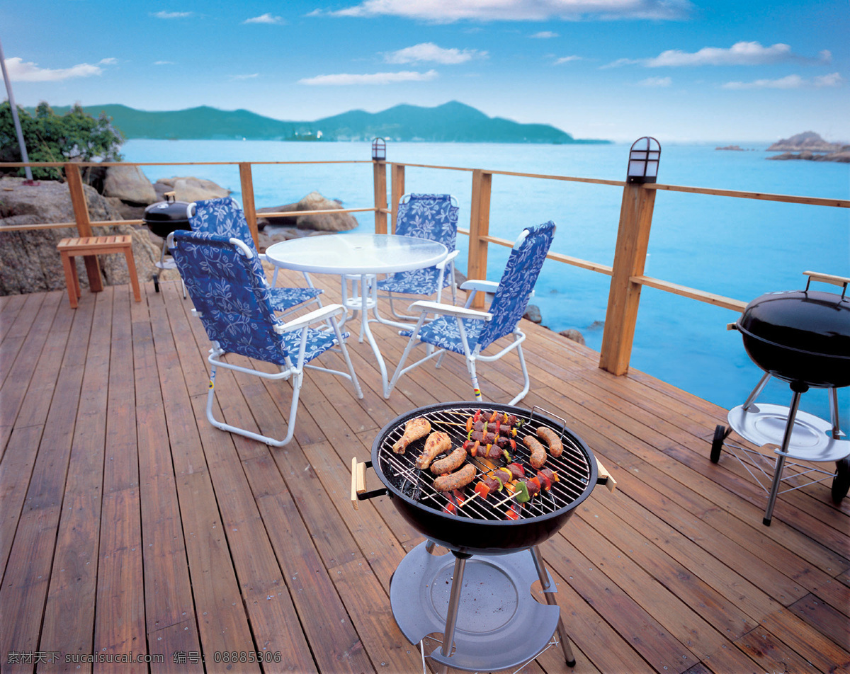风景 阳台 烧烤 餐桌 观海 大海 蓝天 休闲 度假 自然风景 自然景观