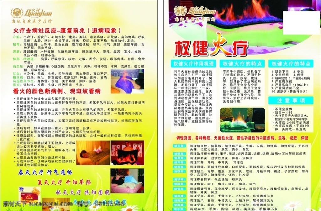 宣传单 广告 dm单 权健火疗 背景 花 草 火疗 火疗作用 火疗产品 火疗特点 康复前兆 调理范围 注意事项 看火观病 dm宣传单