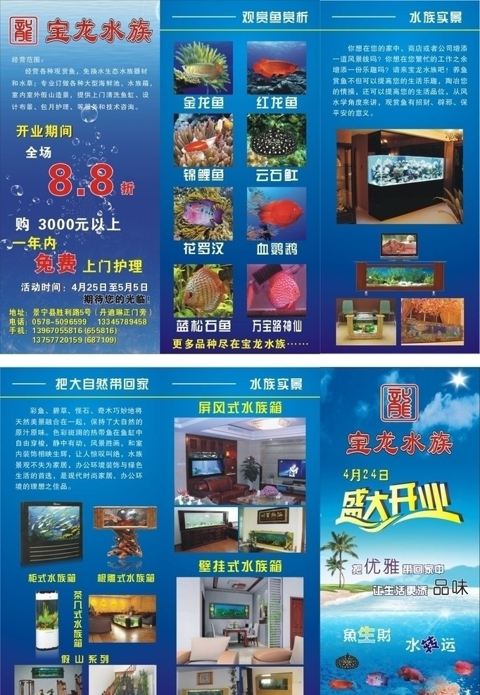 水族三折页 水族 龙鱼 水族箱 根雕水族箱 假山 海底世界 观赏鱼 dm宣传单 矢量