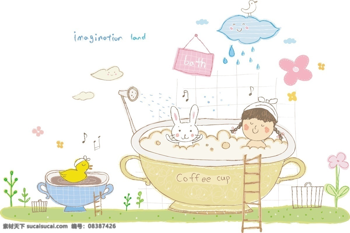 可爱 卡通 洗澡 浴室 下雨 淋浴 莲蓬 草地 云朵 花朵 动漫动画