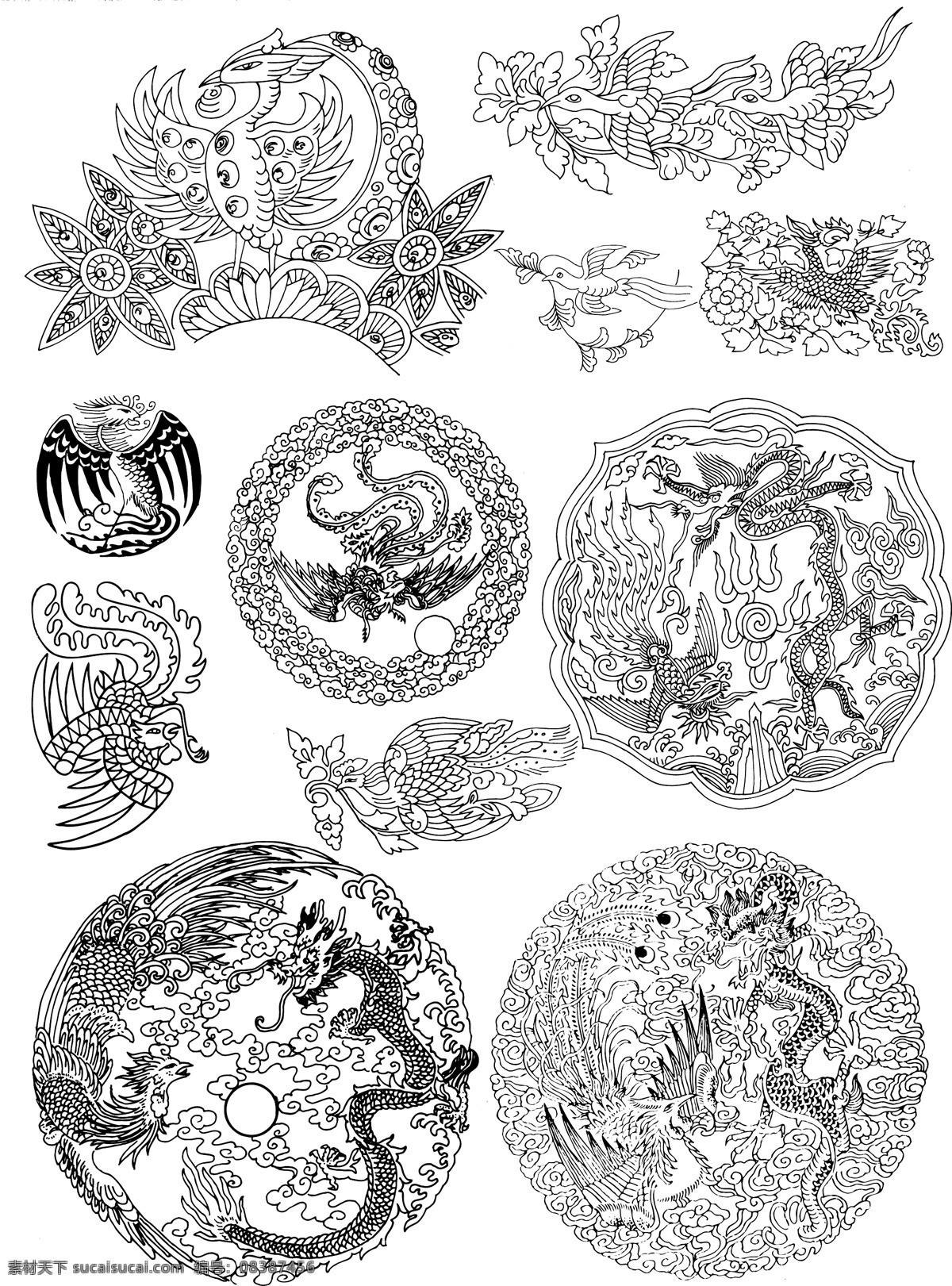 祥龙 凤凰 矢量图 矢量 黑白图 图案 花纹 吉祥物 龙凤 中国元素 底纹背景 底纹边框