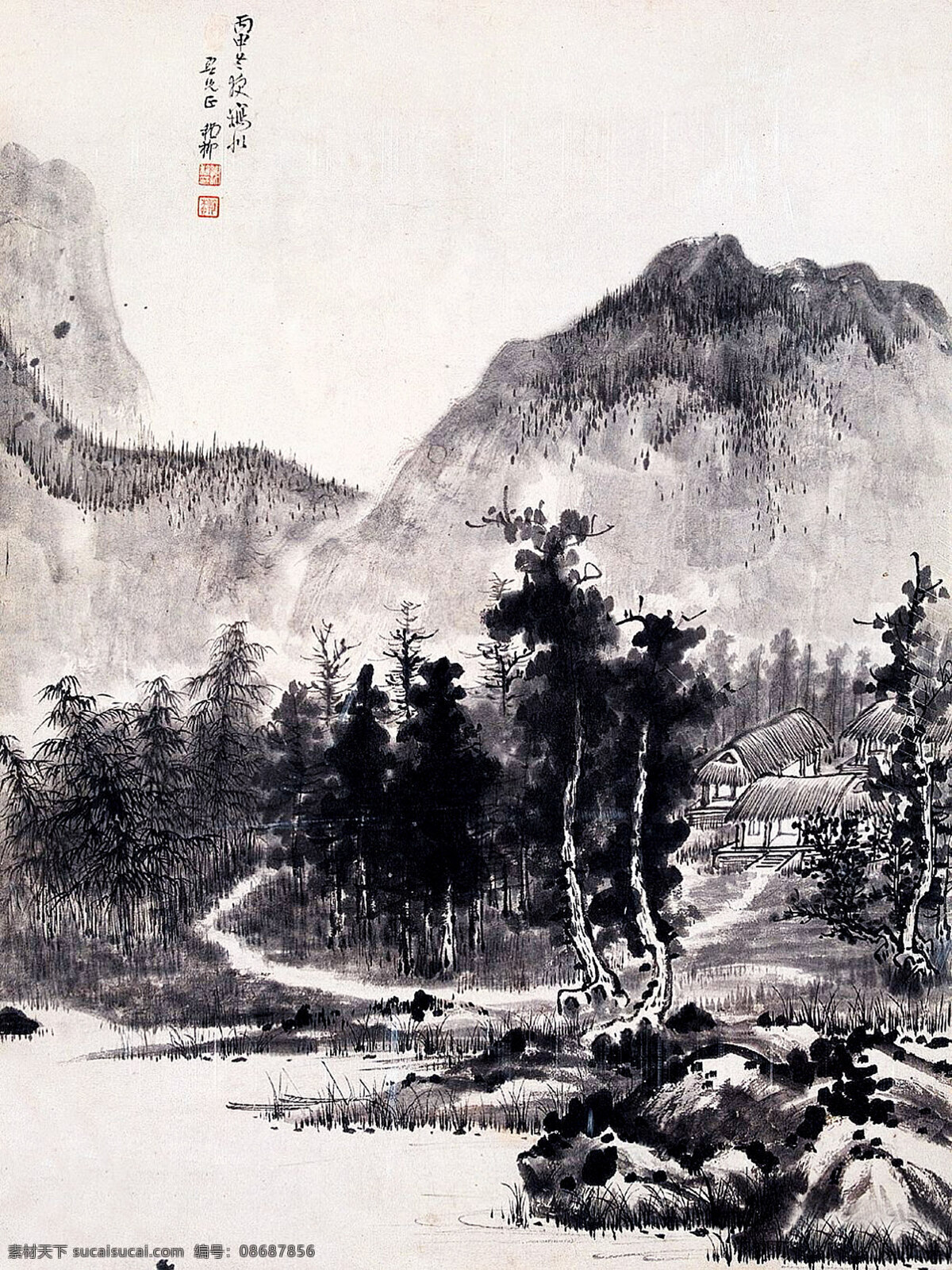 彩墨画 房屋 国画 国画艺术 绘画书法 美术 山峰 山岭 夏山葱茏图 水墨画 谢稚柳国画 云雾 溪流 树木 书法 印章 国画山水专辑 文化艺术 家居装饰素材 雕刻 图案