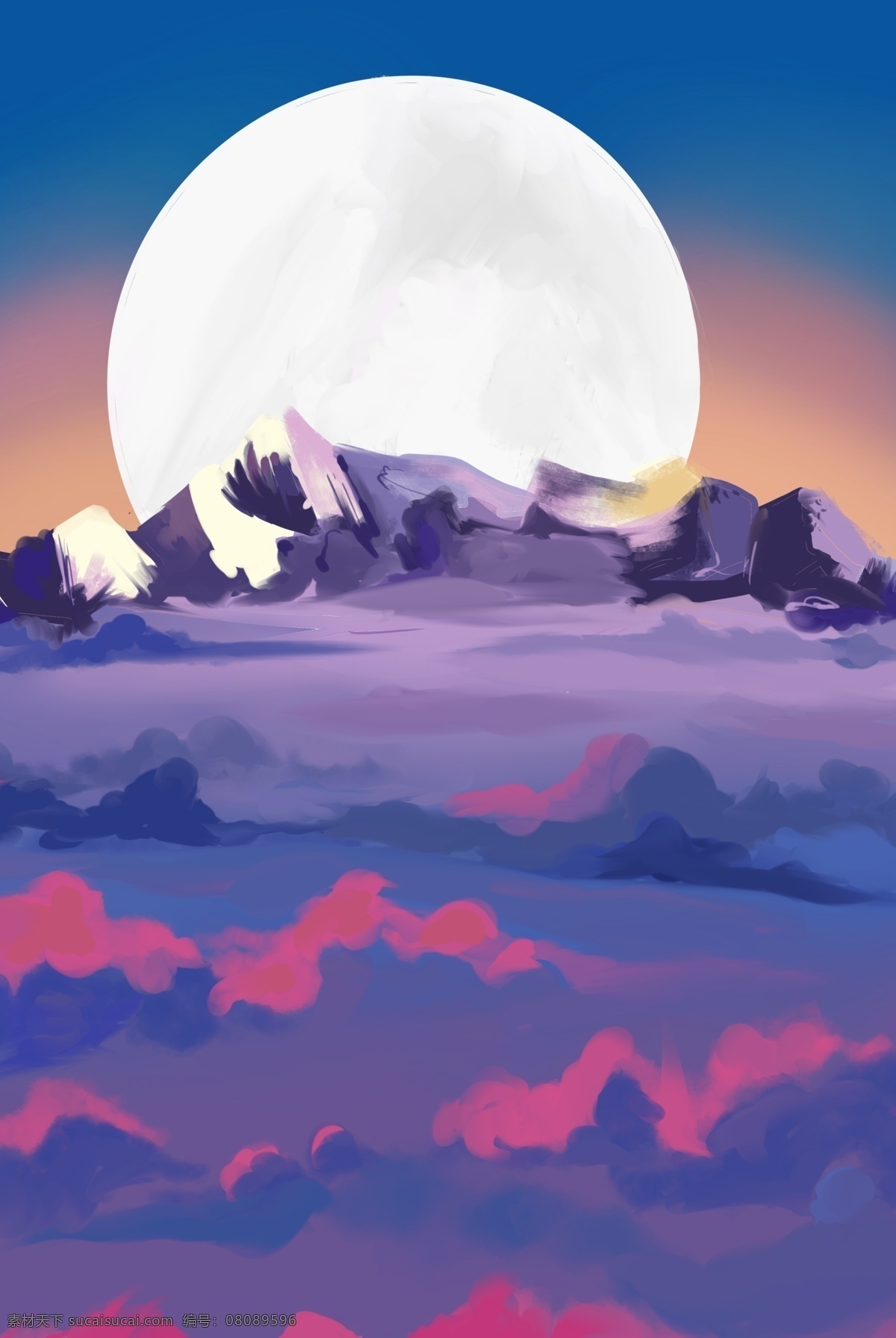 彩色 创意 大月 亮 背景 圆月 卡通插画 远山 起伏 云雾 科幻 扁平化 风景 景色 山峰 石块