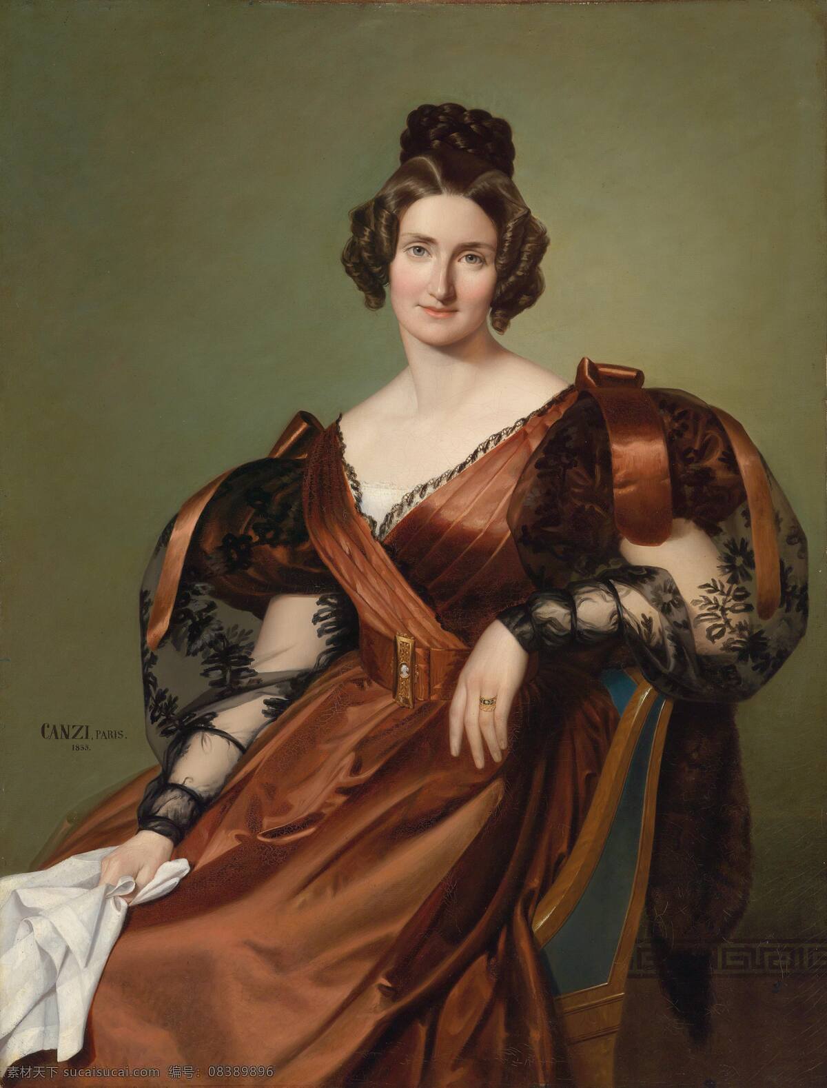 坎齐作品 阿列克谢 奥古斯特 奥地利画家 贵族之家 贵妇坐像 咖啡色连衣裙 时髦头型 19世纪油画 油画 文化艺术 绘画书法