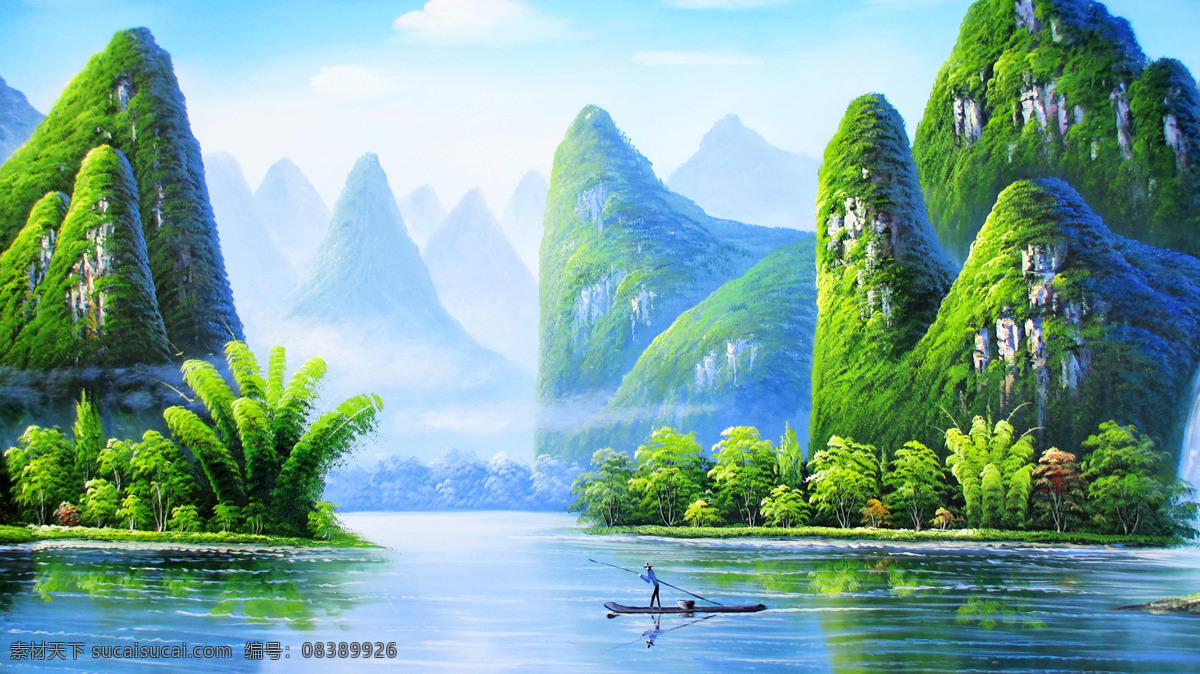 桂林 山水 甲天下 青山 绿水 小船 绘画 自然景观 自然风光