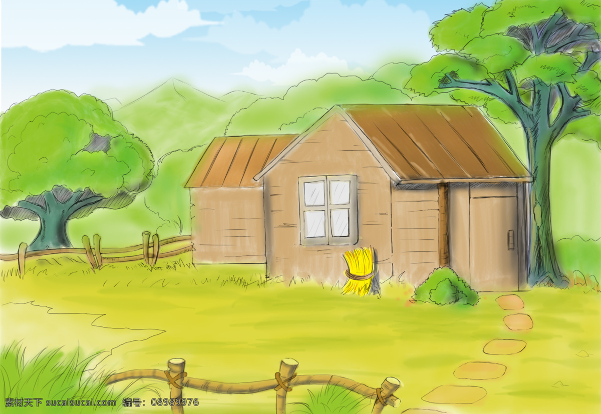 背景 草地 场景 动漫动画 风景漫画 手绘 手绘场景 小 屋子 设计素材 模板下载 小屋子 树木 卡通 动漫 可爱