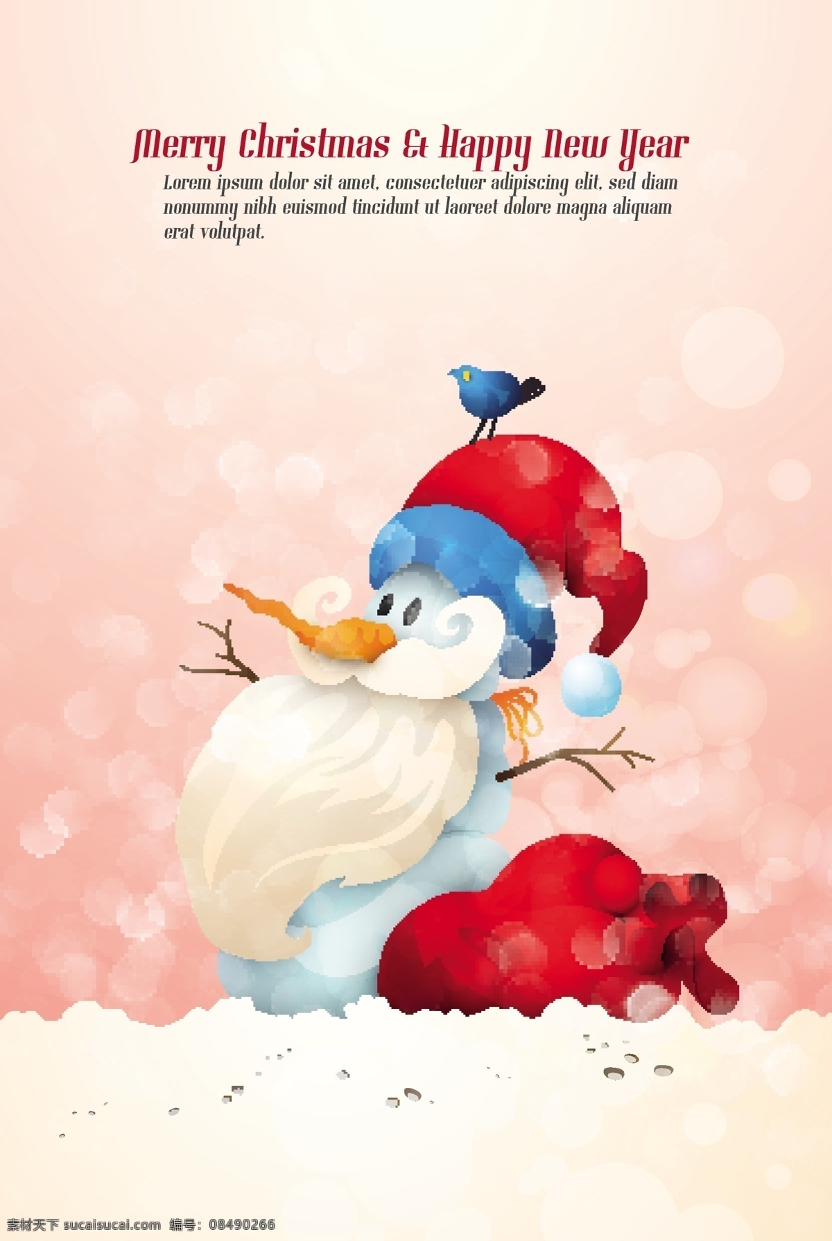 可爱 雪人 圣诞老人 插画 矢量 小鸟 雪花 气泡 梦幻 圣诞帽 胡萝卜 树枝 包裹 圣诞节 冬季 矢量图 白色