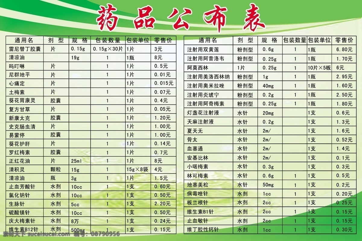表格 广告设计模板 零售价 绿色 药品 源文件 展板模板 公布 表 模板下载 药品公布表 通用名 药剂 规格 包装数量 包装单位 淡绿底 矢量图 日常生活